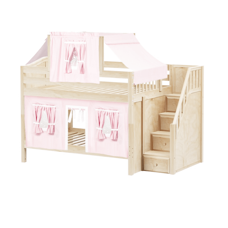 Maxtrix Full Low Bunk Bed with Stairs, Curtain + Top Tent