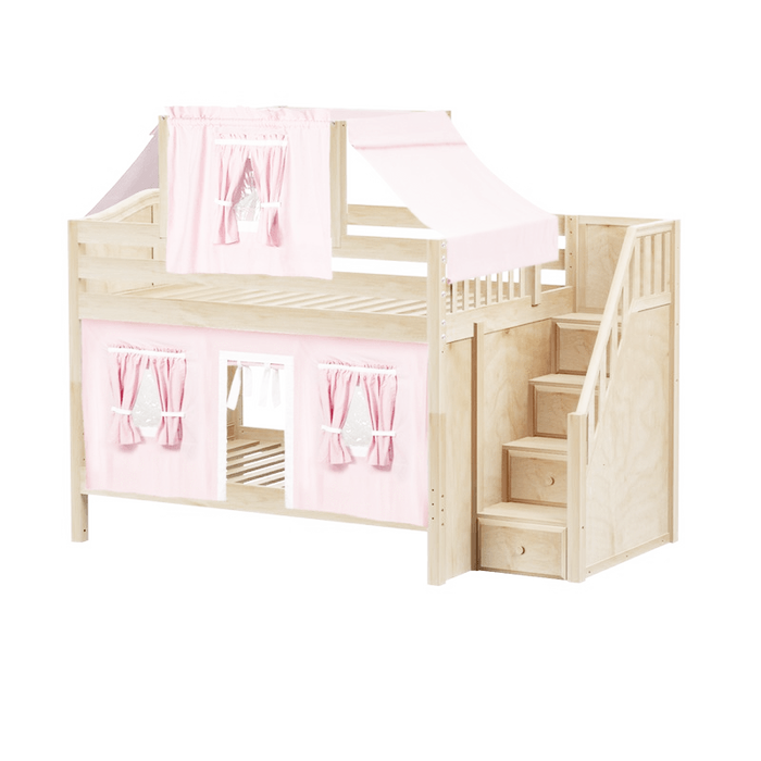 Maxtrix Full Low Bunk Bed with Stairs, Curtain + Top Tent