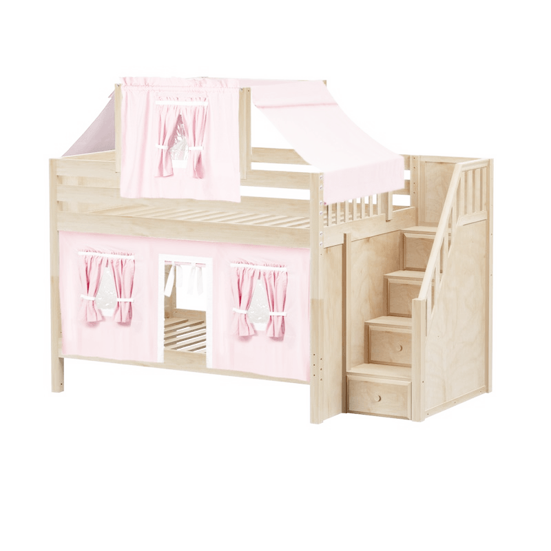 Maxtrix Full Low Bunk Bed with Stairs, Curtain + Top Tent