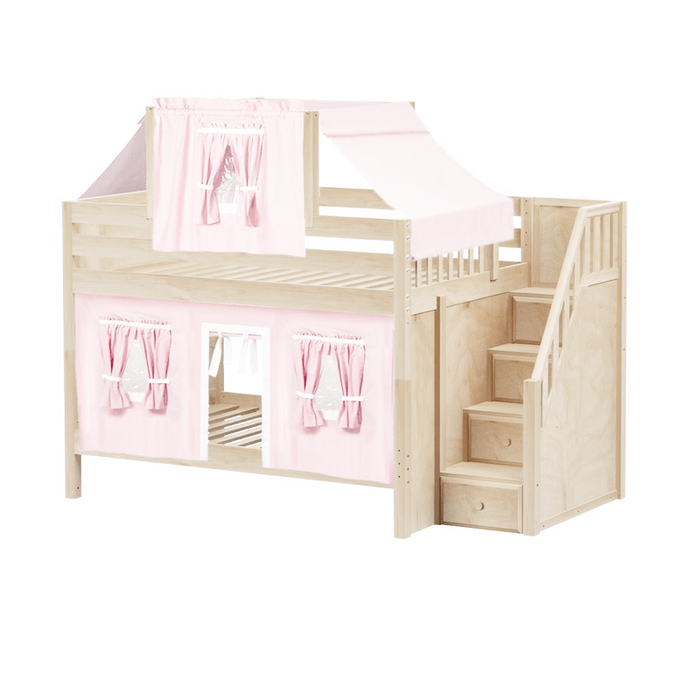 Maxtrix Full Low Bunk Bed with Stairs, Curtain + Top Tent