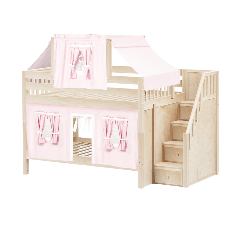 Maxtrix Full Low Bunk Bed with Stairs, Curtain + Top Tent