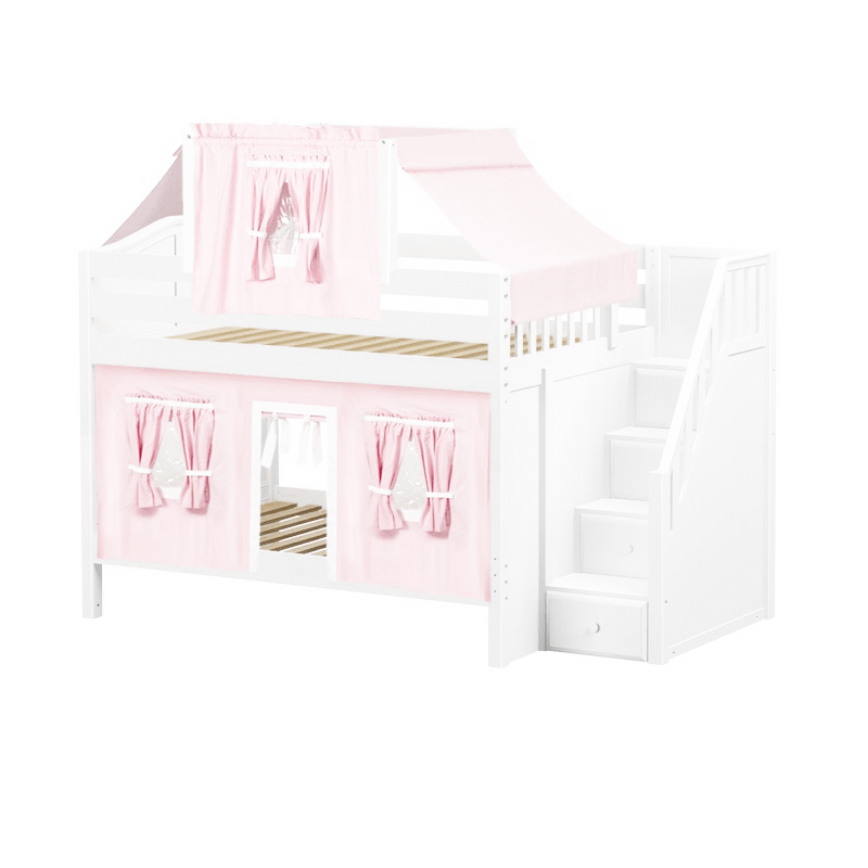 Maxtrix Full Low Bunk Bed with Stairs, Curtain + Top Tent