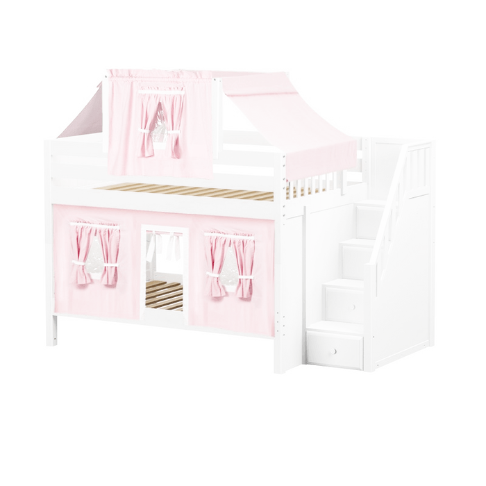 Maxtrix Full Low Bunk Bed with Stairs, Curtain + Top Tent