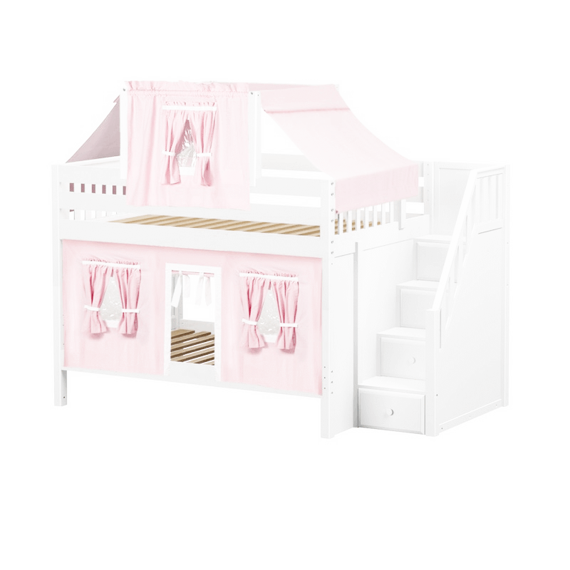 Maxtrix Full Low Bunk Bed with Stairs, Curtain + Top Tent
