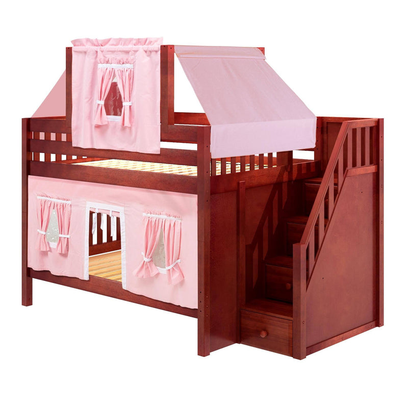 Maxtrix Full Low Bunk Bed with Stairs, Curtain + Top Tent