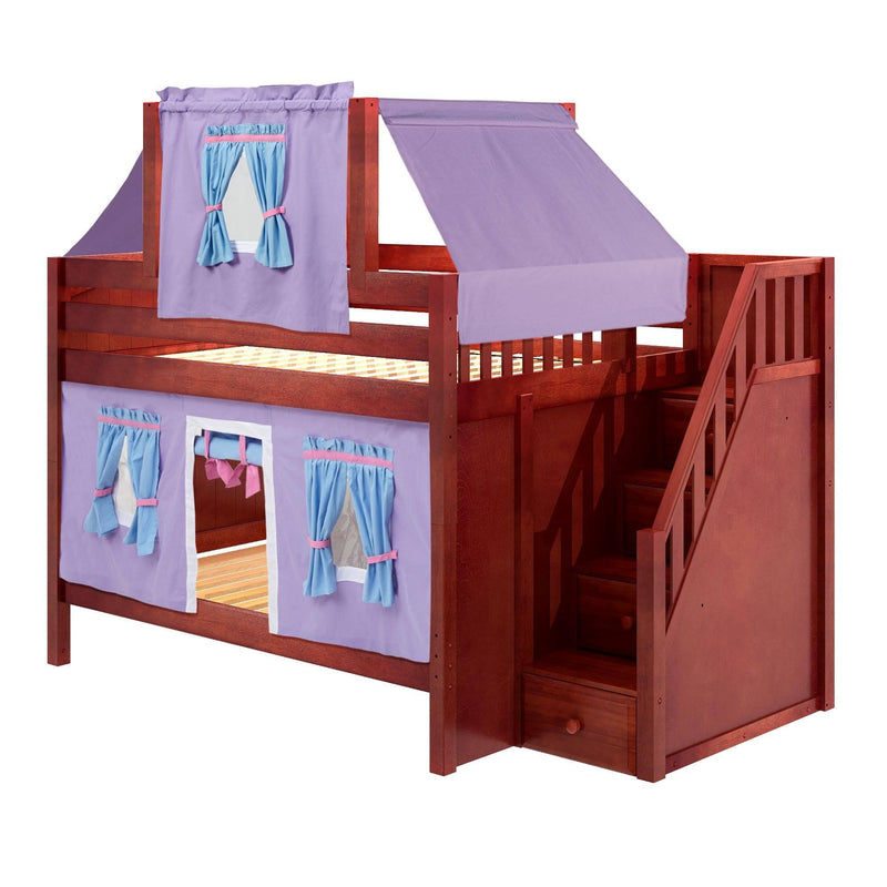 Maxtrix Full Low Bunk Bed with Stairs, Curtain + Top Tent