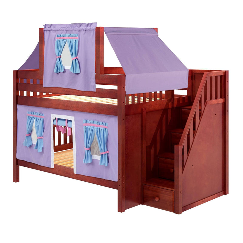 Maxtrix Full Low Bunk Bed with Stairs, Curtain + Top Tent