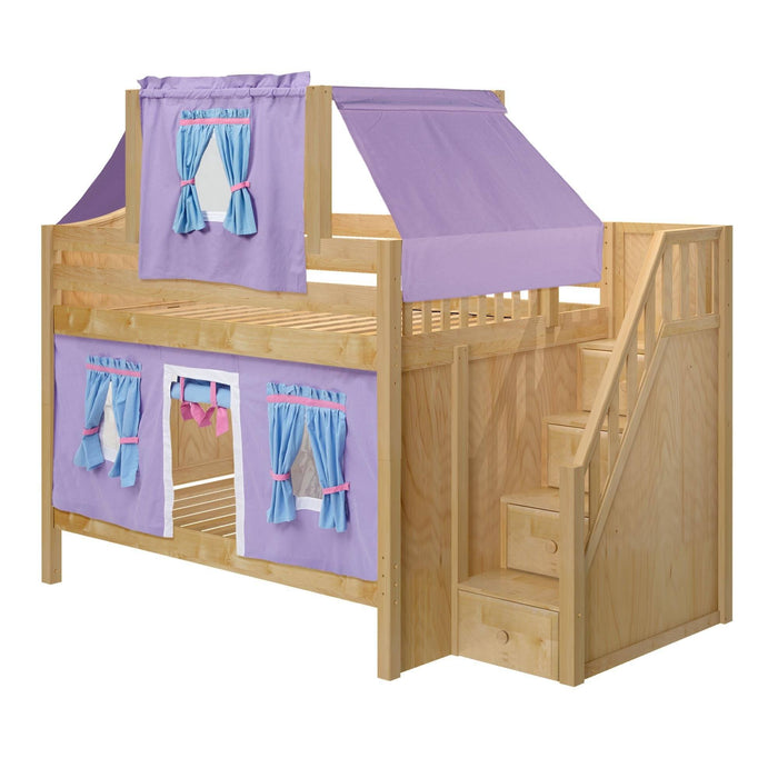 Maxtrix Full Low Bunk Bed with Stairs, Curtain + Top Tent