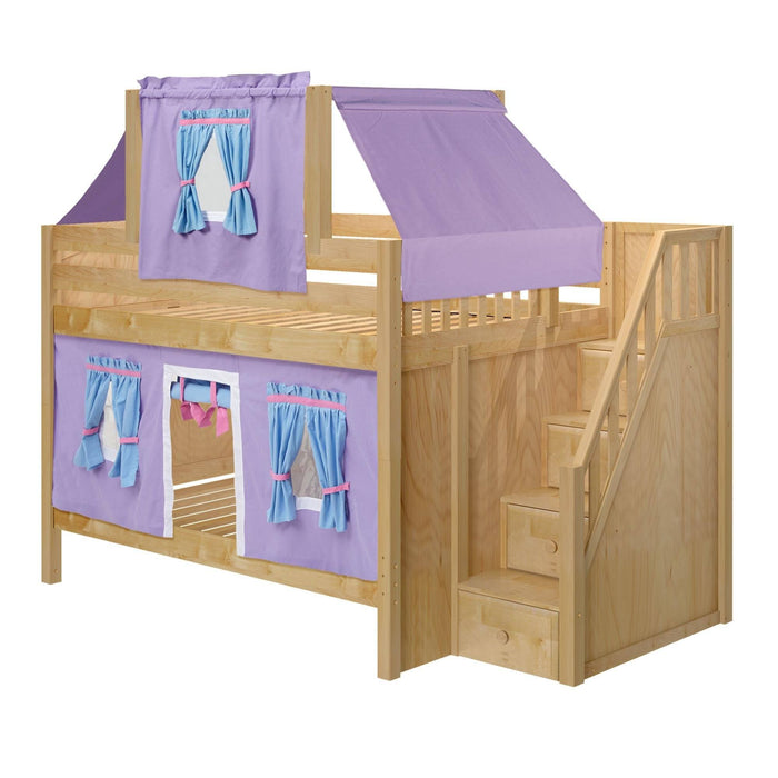 Maxtrix Full Low Bunk Bed with Stairs, Curtain + Top Tent