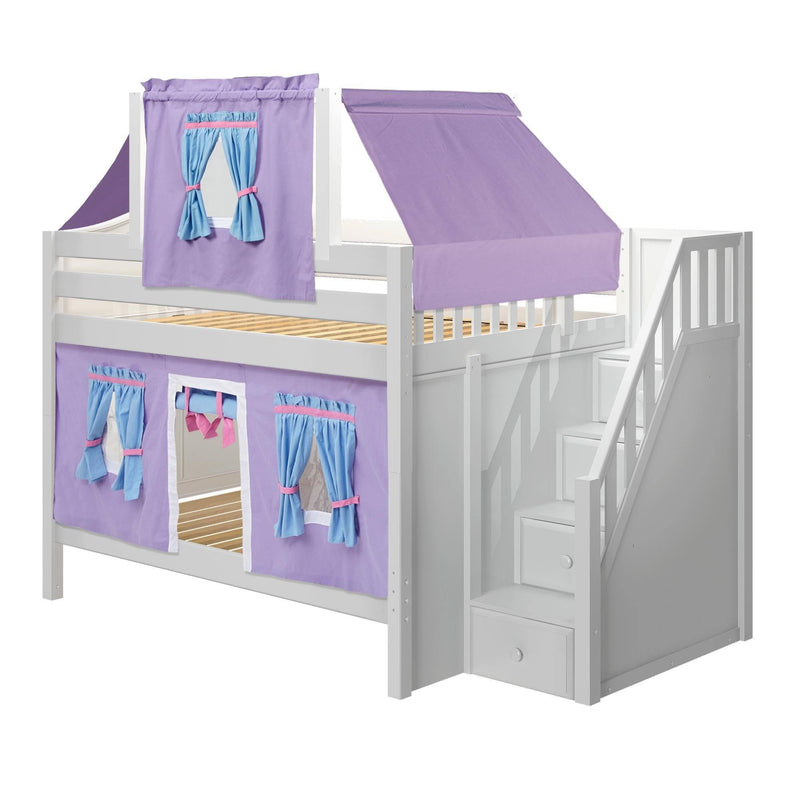 Maxtrix Full Low Bunk Bed with Stairs, Curtain + Top Tent