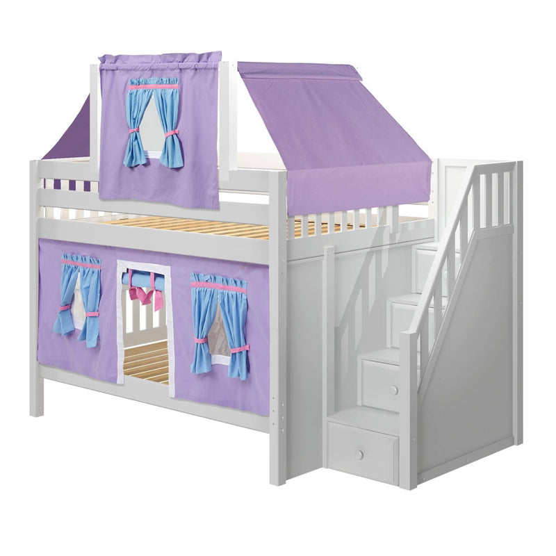 Maxtrix Full Low Bunk Bed with Stairs, Curtain + Top Tent
