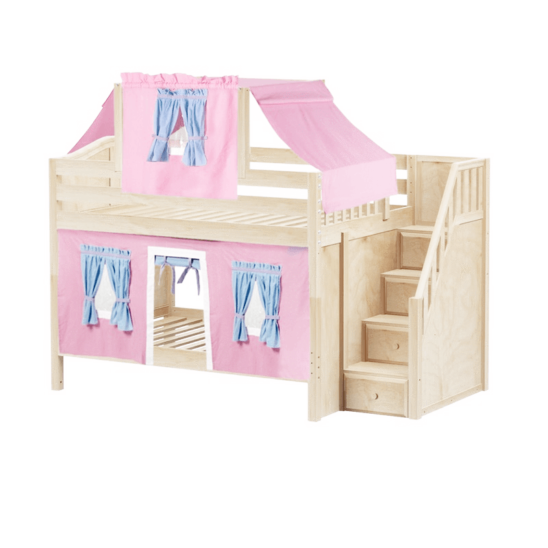 Maxtrix Full Low Bunk Bed with Stairs, Curtain + Top Tent