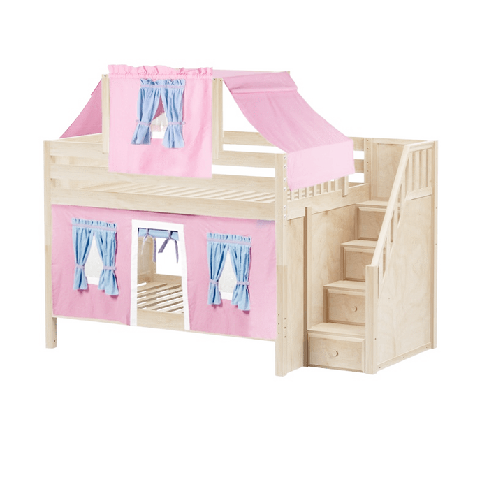 Maxtrix Full Low Bunk Bed with Stairs, Curtain + Top Tent