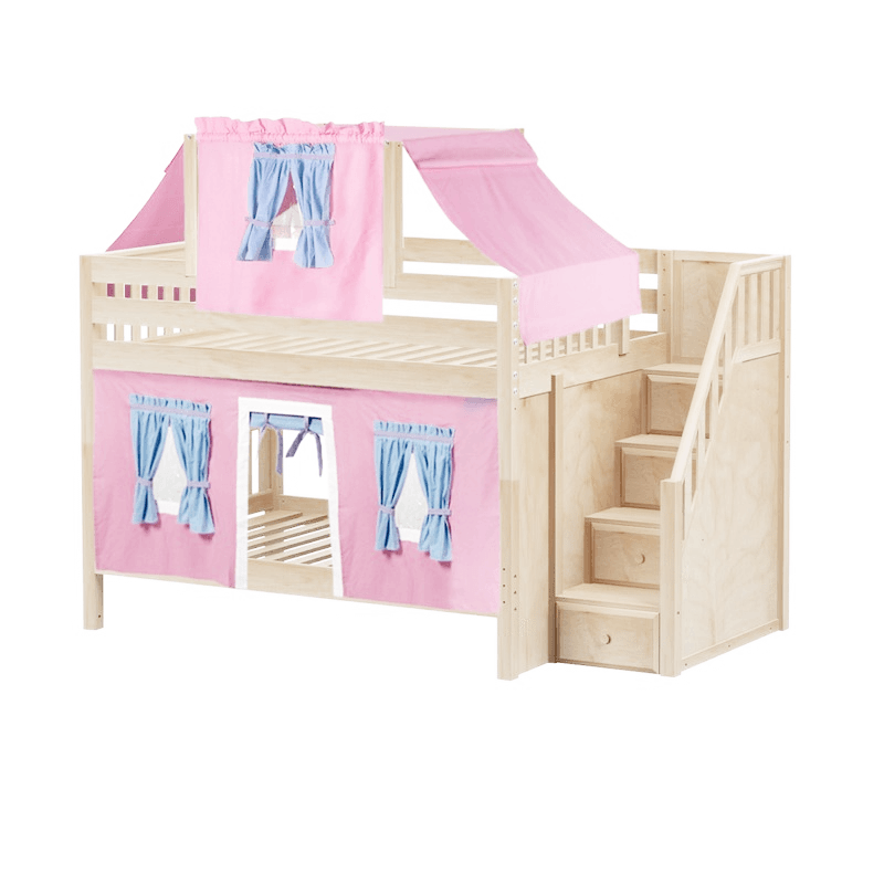 Maxtrix Full Low Bunk Bed with Stairs, Curtain + Top Tent