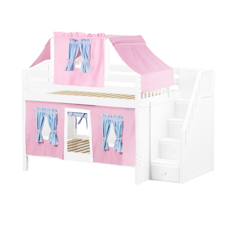 Maxtrix Full Low Bunk Bed with Stairs, Curtain + Top Tent