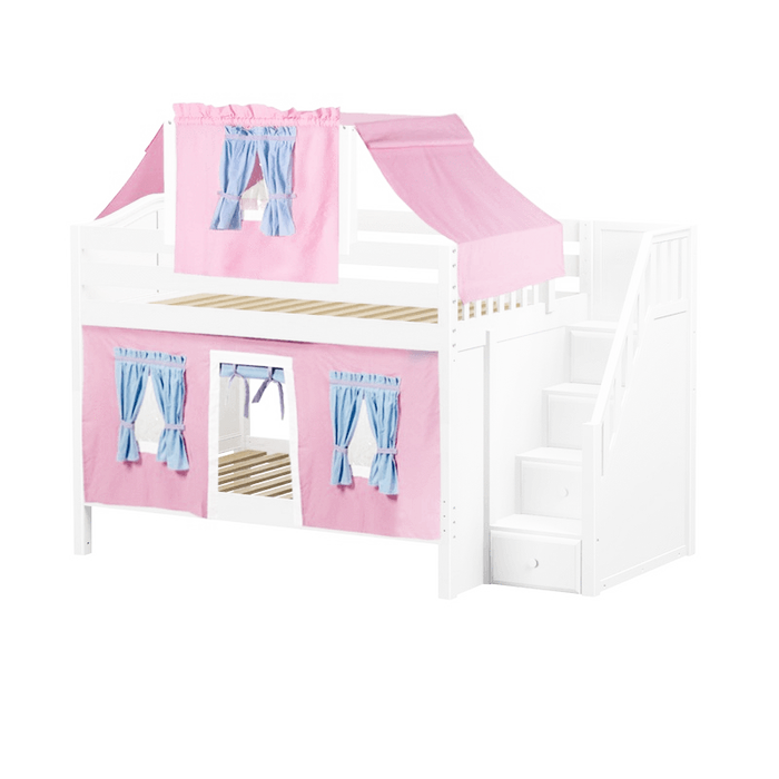 Maxtrix Full Low Bunk Bed with Stairs, Curtain + Top Tent
