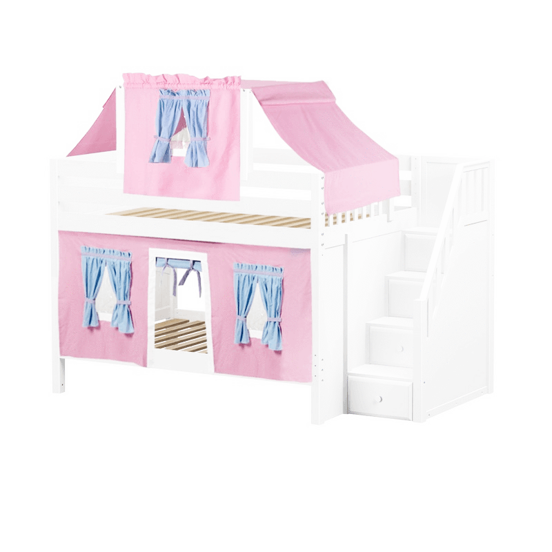 Maxtrix Full Low Bunk Bed with Stairs, Curtain + Top Tent