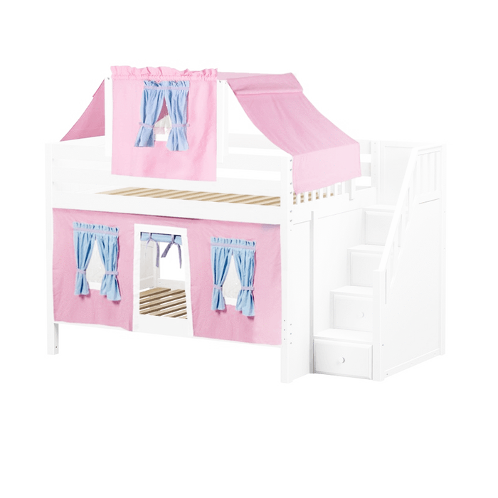 Maxtrix Full Low Bunk Bed with Stairs, Curtain + Top Tent