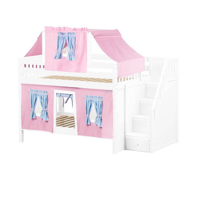 Maxtrix Full Low Bunk Bed with Stairs, Curtain + Top Tent