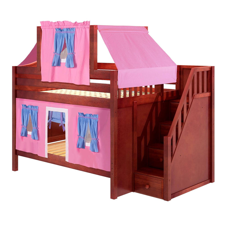 Maxtrix Full Low Bunk Bed with Stairs, Curtain + Top Tent