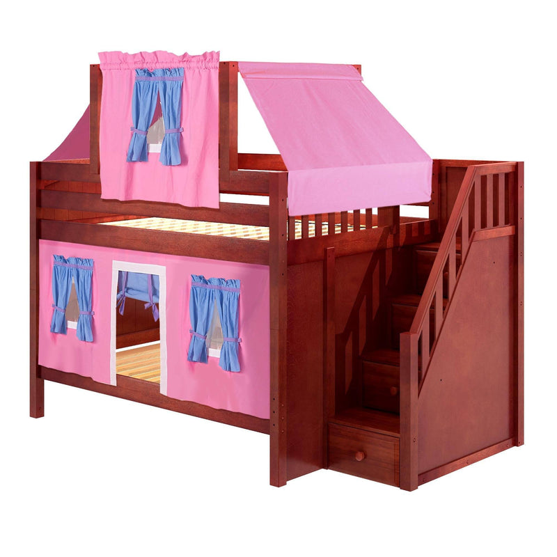 Maxtrix Full Low Bunk Bed with Stairs, Curtain + Top Tent