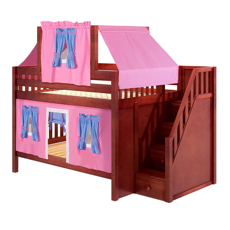 Maxtrix Full Low Bunk Bed with Stairs, Curtain + Top Tent