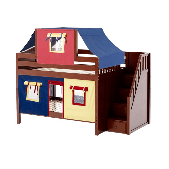 Maxtrix Full Low Bunk Bed with Stairs, Curtain + Top Tent
