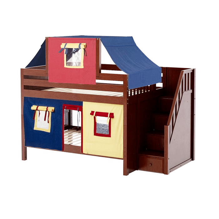Maxtrix Full Low Bunk Bed with Stairs, Curtain + Top Tent