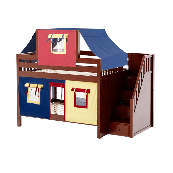 Maxtrix Full Low Bunk Bed with Stairs, Curtain + Top Tent