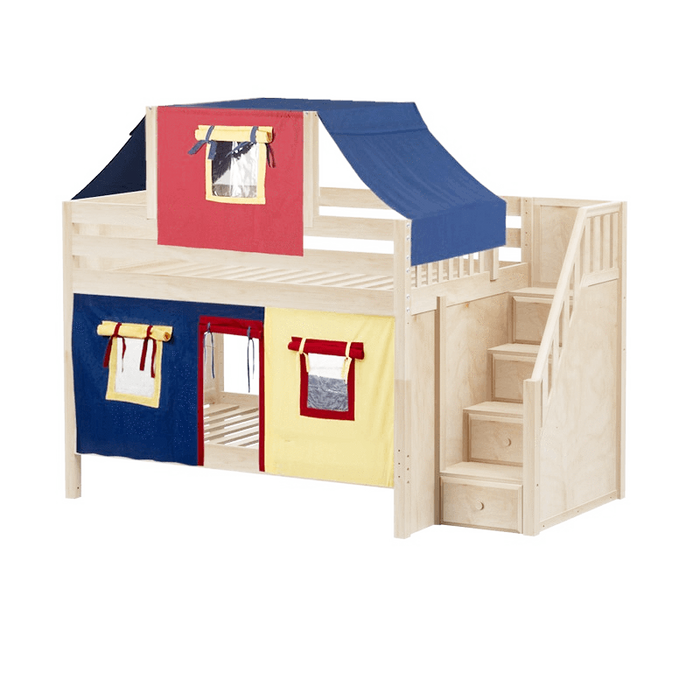 Maxtrix Full Low Bunk Bed with Stairs, Curtain + Top Tent