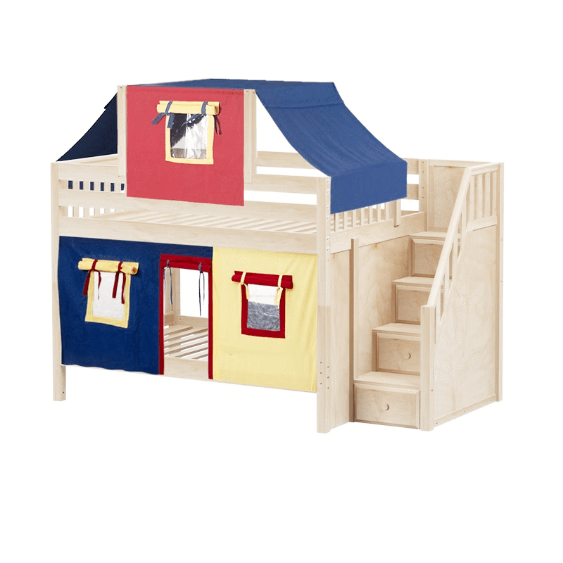 Maxtrix Full Low Bunk Bed with Stairs, Curtain + Top Tent