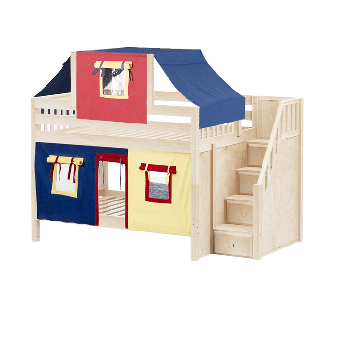 Maxtrix Full Low Bunk Bed with Stairs, Curtain + Top Tent