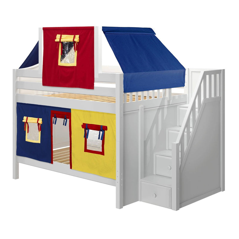 Maxtrix Full Low Bunk Bed with Stairs, Curtain + Top Tent