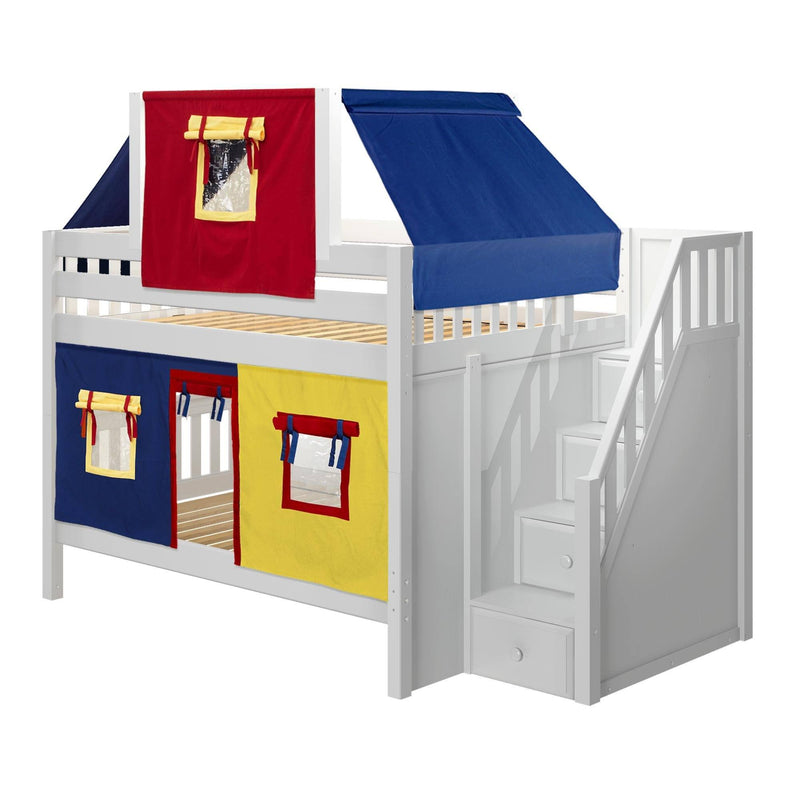 Maxtrix Full Low Bunk Bed with Stairs, Curtain + Top Tent