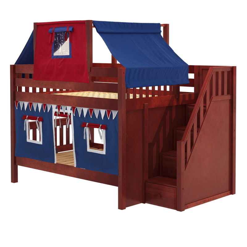 Maxtrix Full Low Bunk Bed with Stairs, Curtain + Top Tent