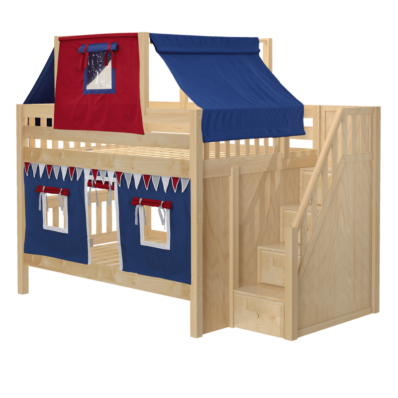 Maxtrix Full Low Bunk Bed with Stairs, Curtain + Top Tent