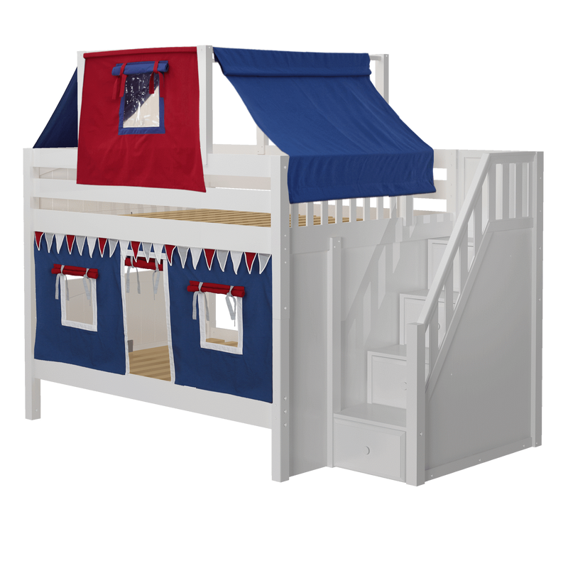 Maxtrix Full Low Bunk Bed with Stairs, Curtain + Top Tent