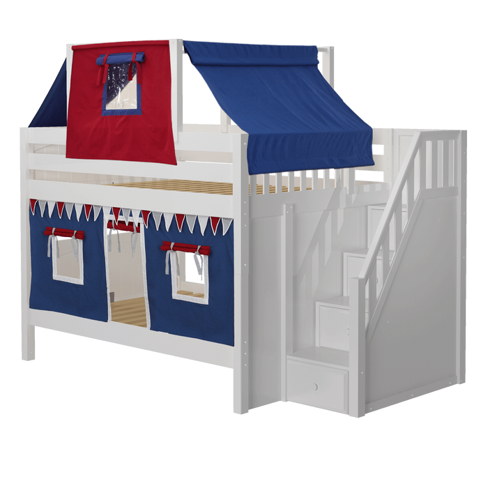 Maxtrix Full Low Bunk Bed with Stairs, Curtain + Top Tent