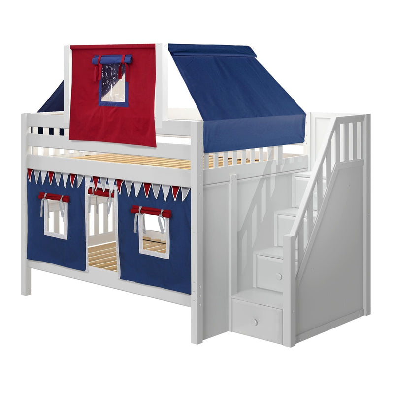 Maxtrix Full Low Bunk Bed with Stairs, Curtain + Top Tent
