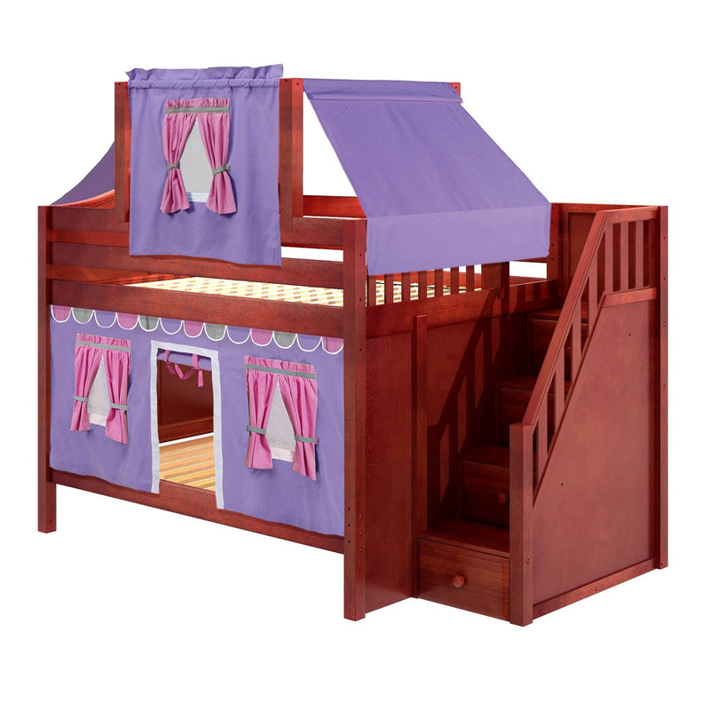 Maxtrix Full Low Bunk Bed with Stairs, Curtain + Top Tent