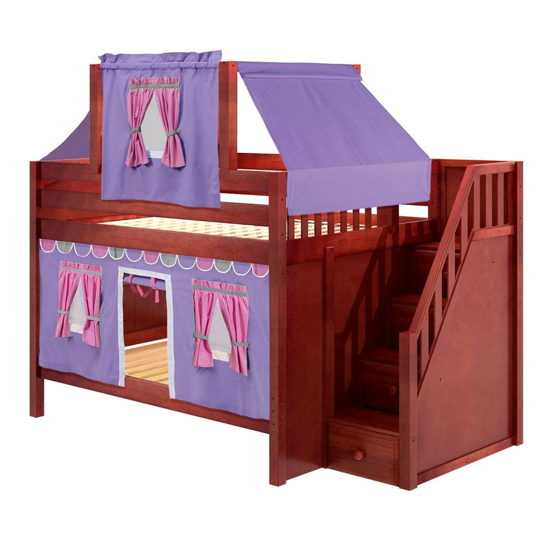 Maxtrix Full Low Bunk Bed with Stairs, Curtain + Top Tent