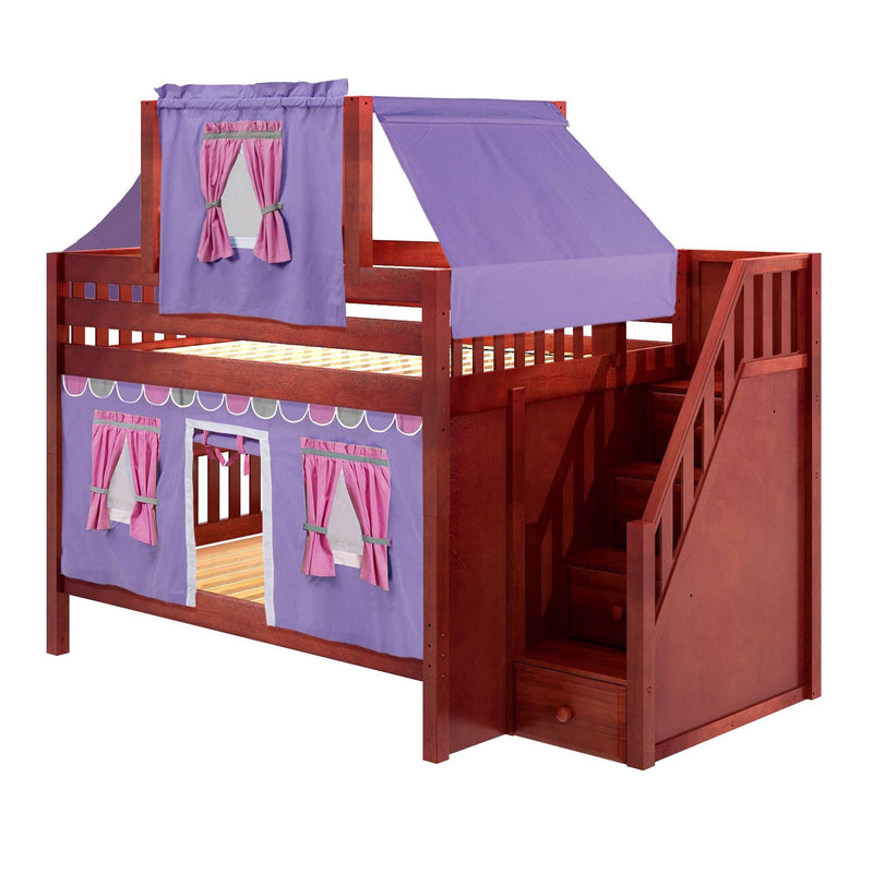 Maxtrix Full Low Bunk Bed with Stairs, Curtain + Top Tent