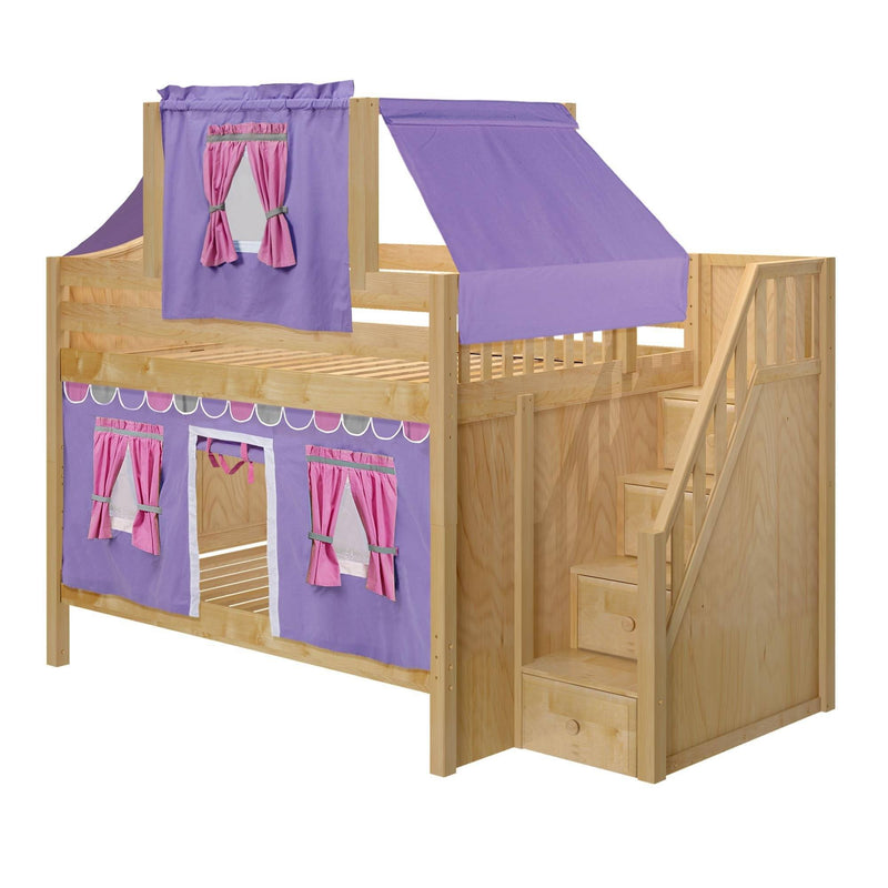 Maxtrix Full Low Bunk Bed with Stairs, Curtain + Top Tent