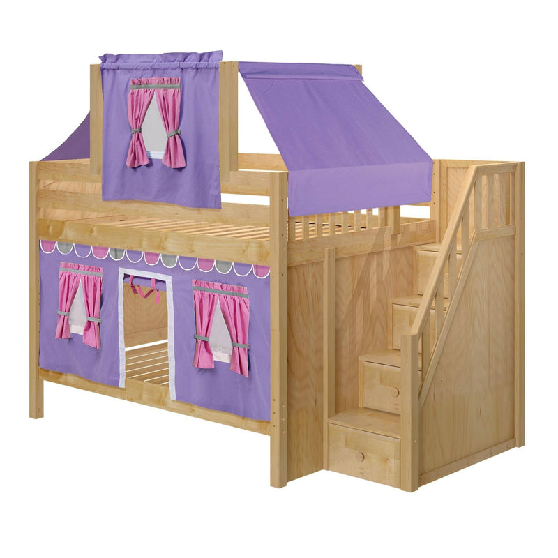 Maxtrix Full Low Bunk Bed with Stairs, Curtain + Top Tent