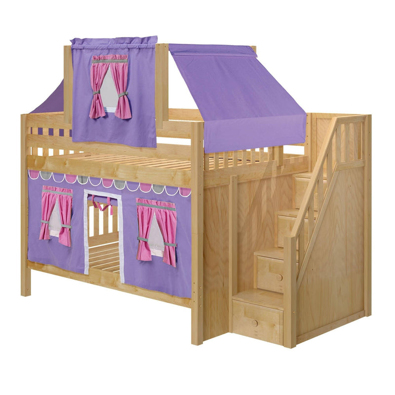 Maxtrix Full Low Bunk Bed with Stairs, Curtain + Top Tent