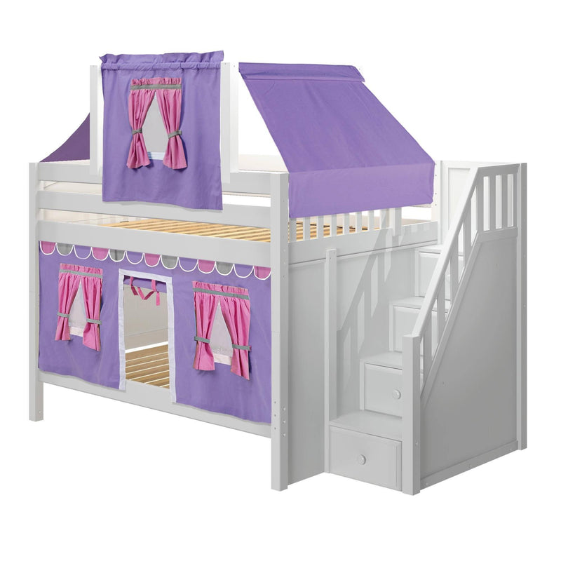 Maxtrix Full Low Bunk Bed with Stairs, Curtain + Top Tent