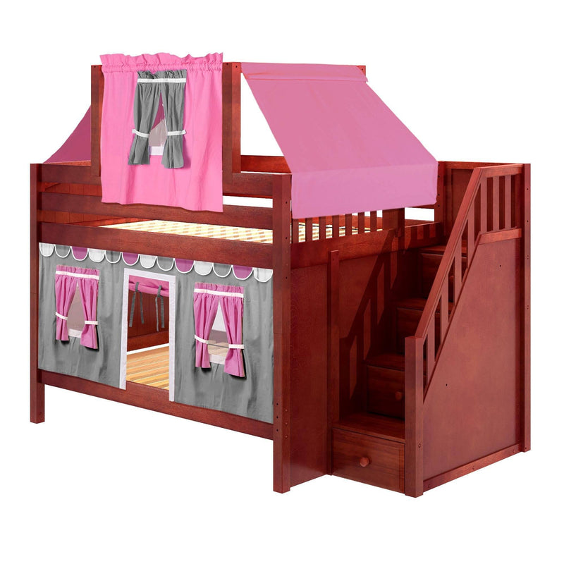 Maxtrix Full Low Bunk Bed with Stairs, Curtain + Top Tent
