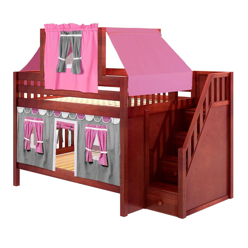 Maxtrix Full Low Bunk Bed with Stairs, Curtain + Top Tent