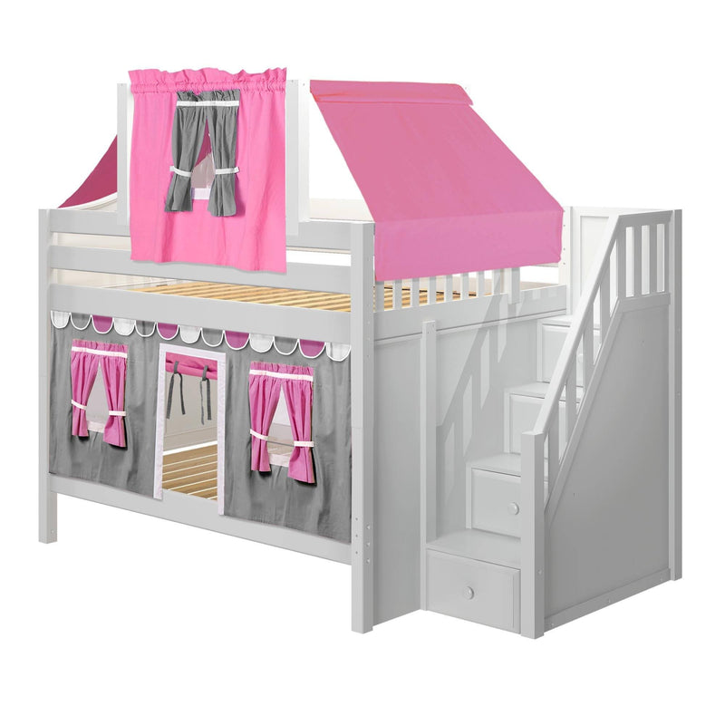 Maxtrix Full Low Bunk Bed with Stairs, Curtain + Top Tent