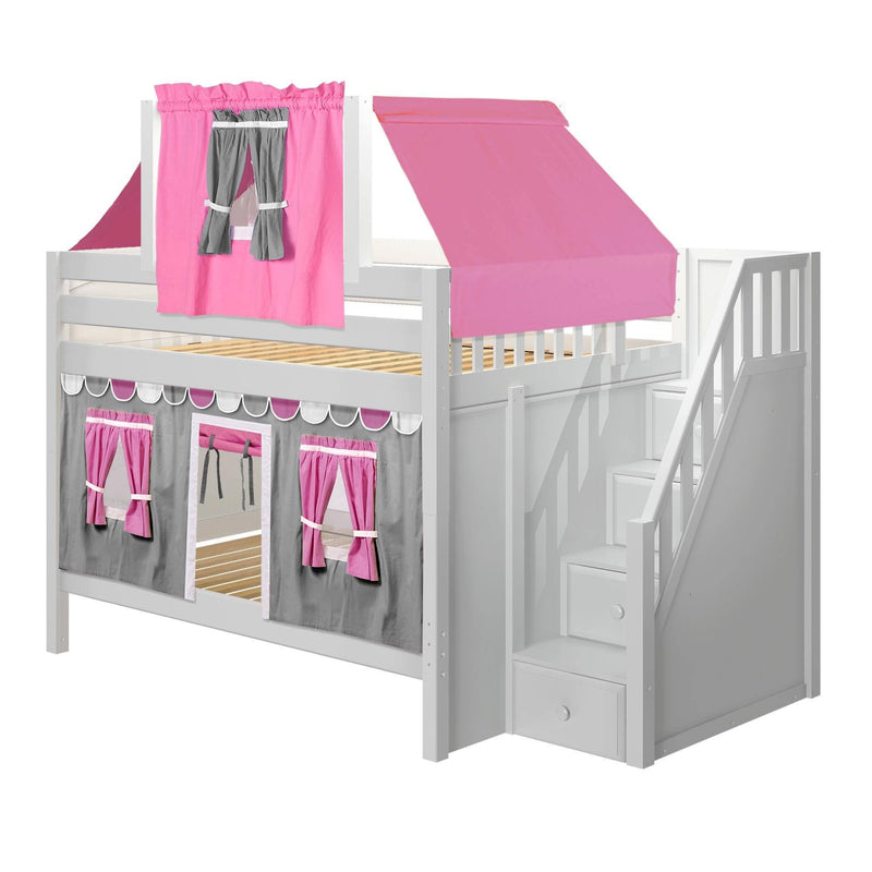 Maxtrix Full Low Bunk Bed with Stairs, Curtain + Top Tent